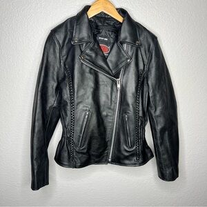 Jafrum Black Genuine Leather Moto Jacket Zip-Out Liner Braided Fitted Biker L